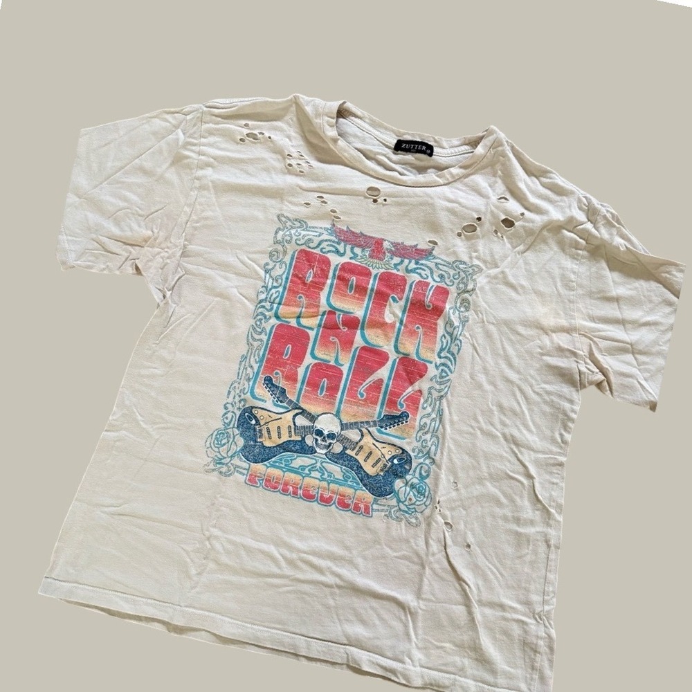 Zutter USA Rock N Roll Forever Distressed Graphic Tee Cream F525 Womens Medium